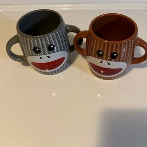 SOCK MONKEYS MONKEY Galerie Ceramic Coffee Cup Mug Brown Gray Double Handle Set